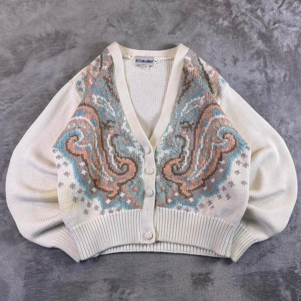 Vintage 80s JH Collectibles Pastel Bow Knit Cardigan Sweater Women’s Medium